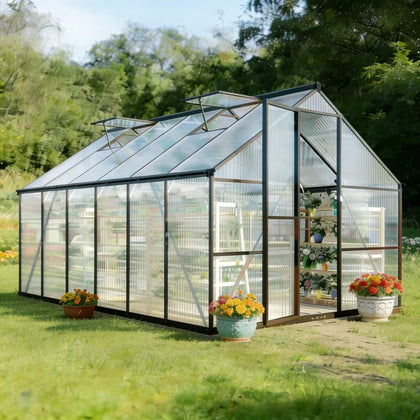 FLY BY YAN greenhouse exterior in charcoal black showing sleek weather-ready design.