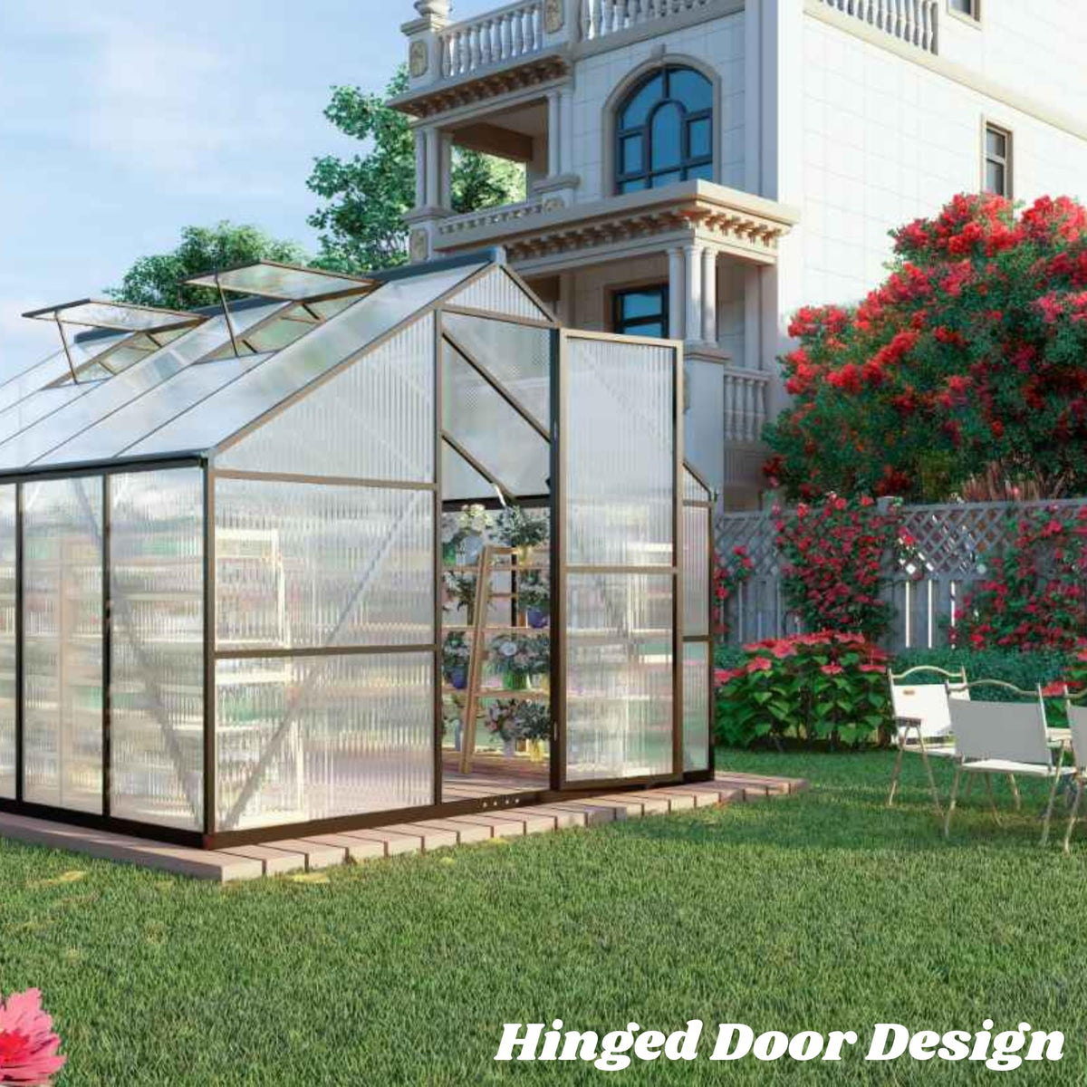 FLY BY YAN backyard greenhouse in use with thriving potted plants.