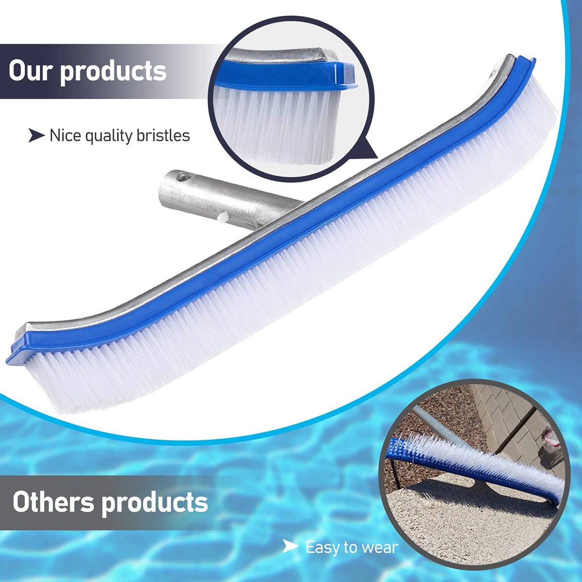 Fly Hawk pool brush aluminum back plate adds durable support during cleaning.