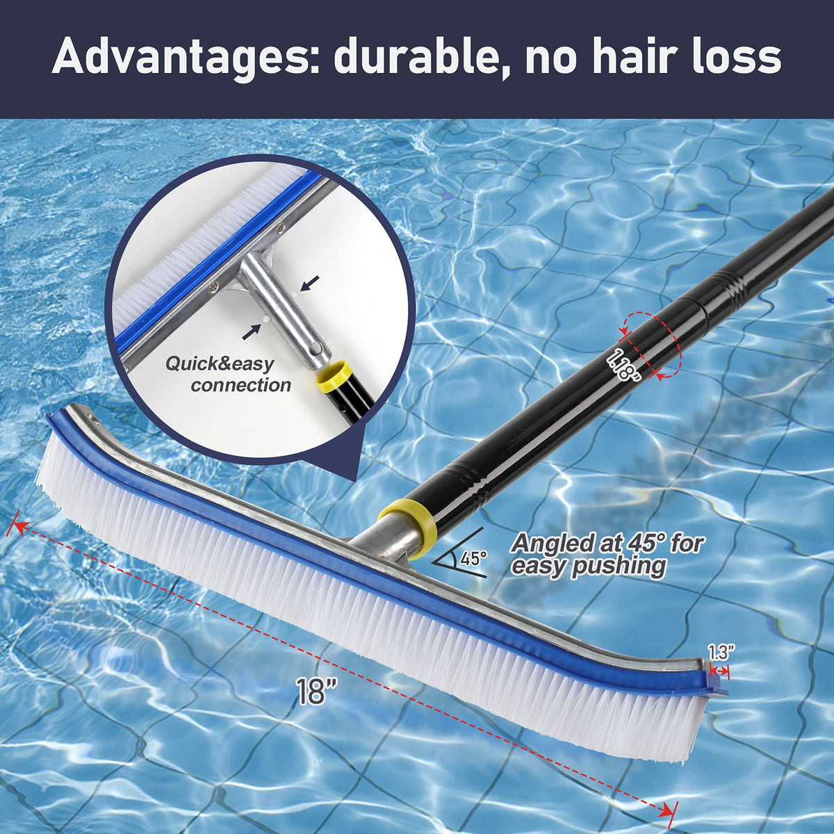 Fly Hawk pool brush connects easily to a pole for quick setup.
