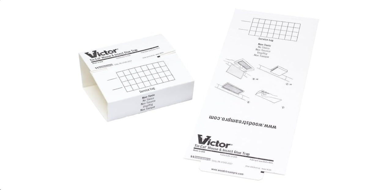 Fly Victor Tin Cat glue board captures mice; simple, disposable pest control.
