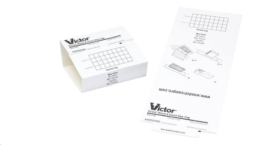 Fly Victor Tin Cat glue board captures mice; simple, disposable pest control.