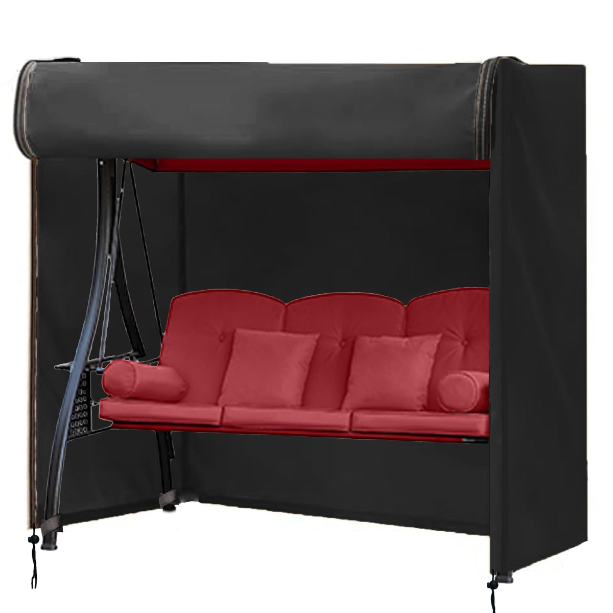 FLYMEI outdoor swing cover front view highlighting durable 600D fabric and secure front zips.