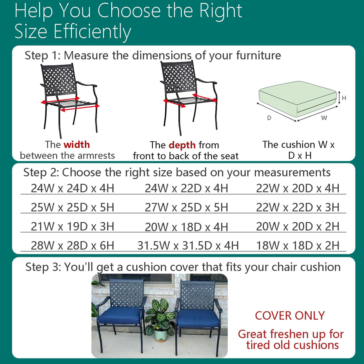 FLYMEI blue cushion cover on outdoor chair, side view showing snug fit