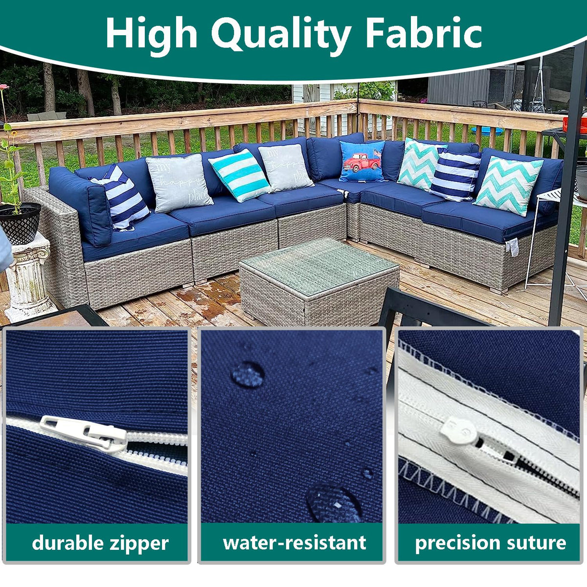 FLYMEI two-pack navy cushion covers for easy outdoor updates.