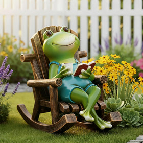 Flytime frog garden decor on a rocking chair adds whimsical charm to patios