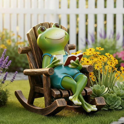 Flytime frog garden decor on a rocking chair adds whimsical charm to patios