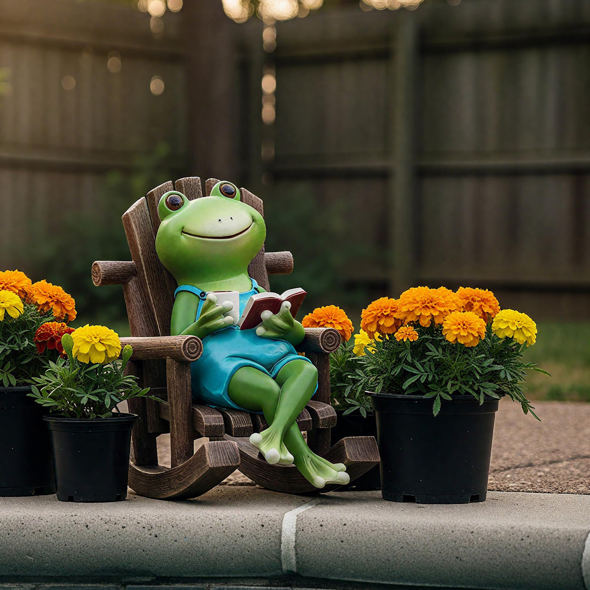 Flytime frog reading figurine serves as a playful garden focal point