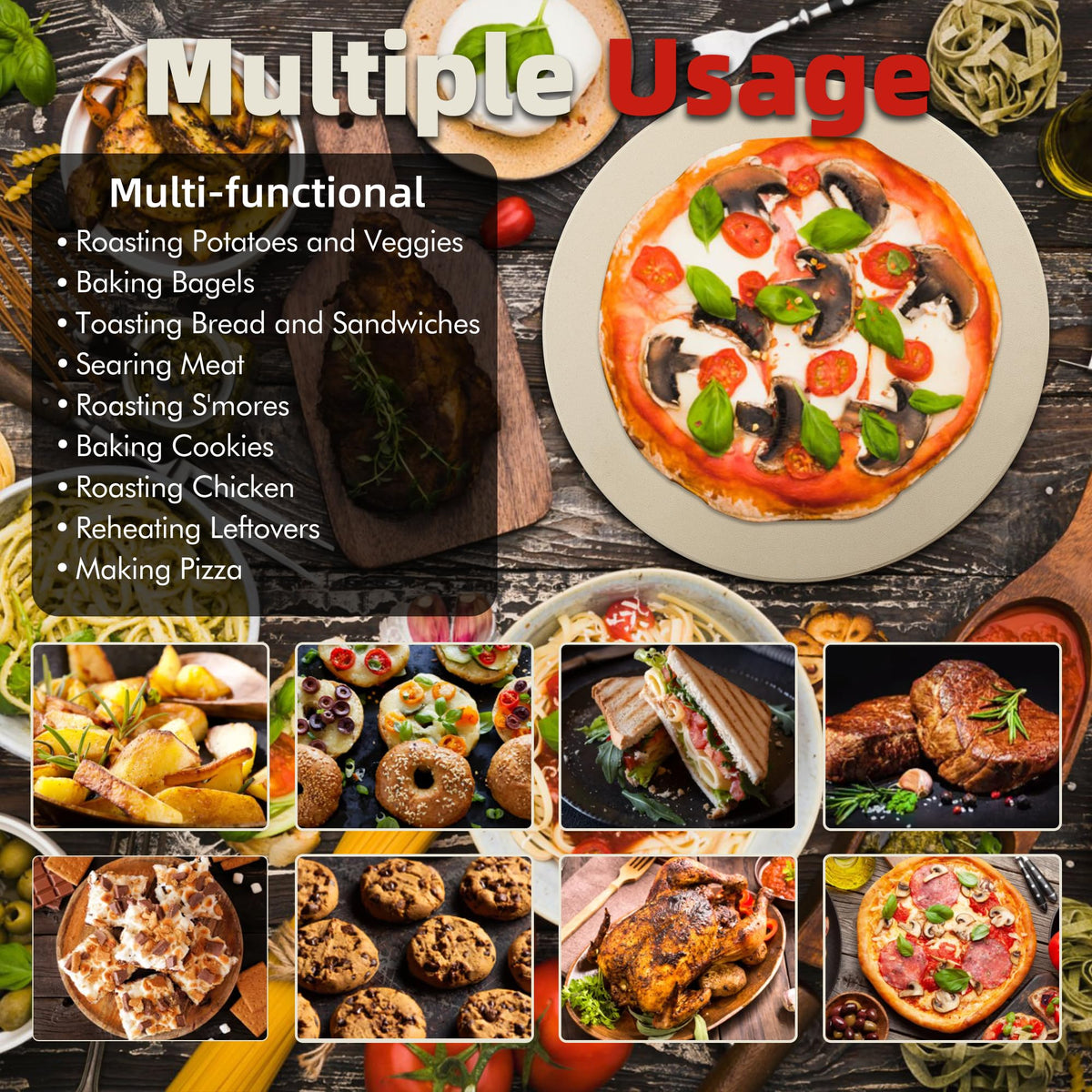 FLYZZA round pizza stone fits standard ovens and grills for versatile cooking