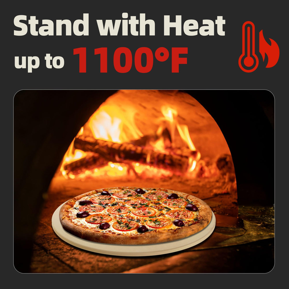 FLYZZA round pizza stone in use on oven showing even heating for consistent slices