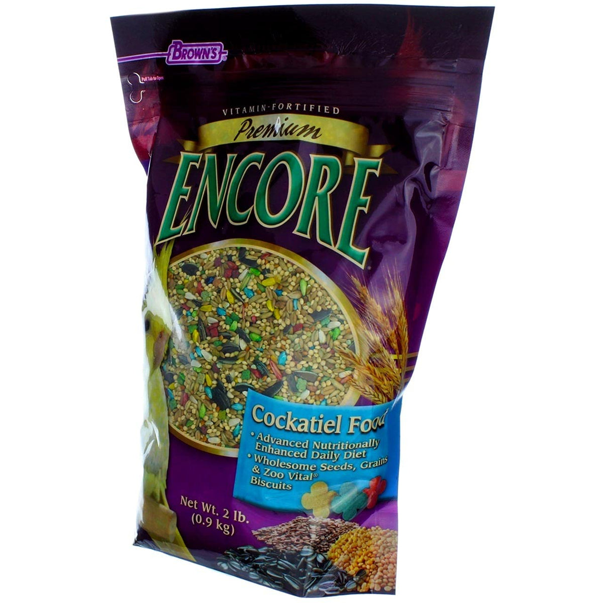 Two-pack Encore Cockatiel Food ensures a steady feeding routine for a pet cockatiel.