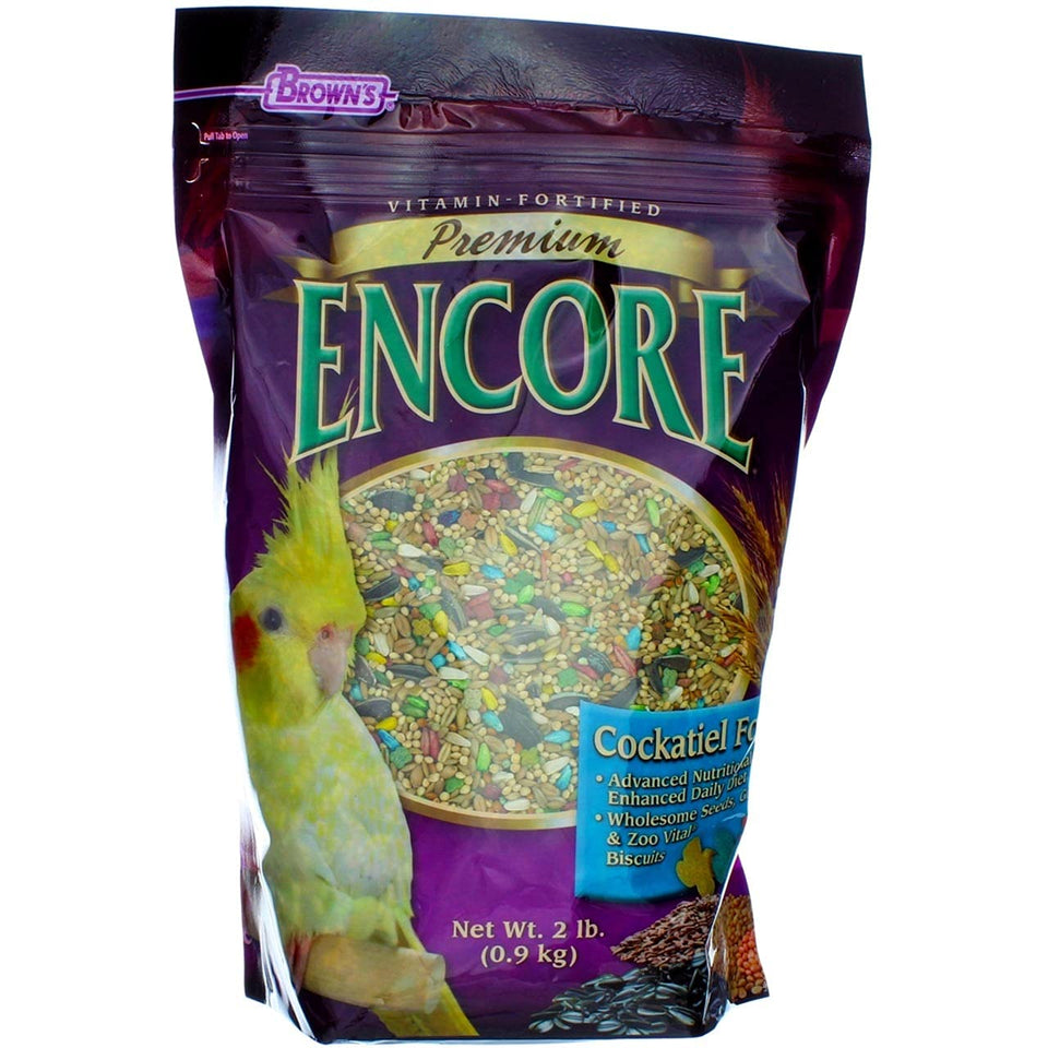 F.M. Browns Wildbird Encore Cockatiel Food two-pack bags for convenient daily feeding.
