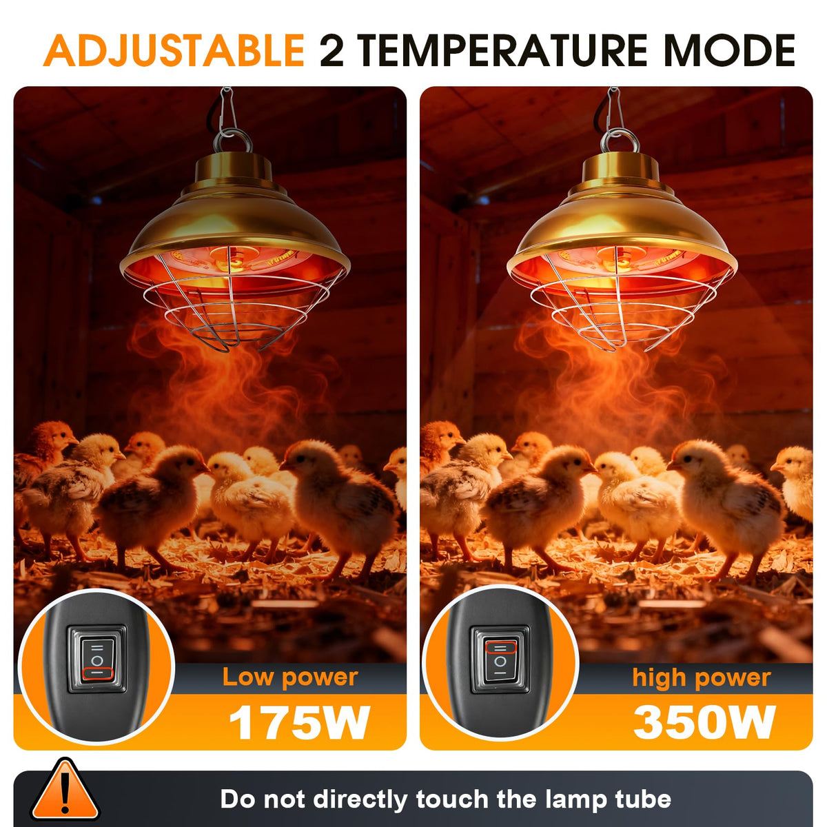 FMATOZ heat lamp shows two temperature modes for adaptable warmth across life stages.