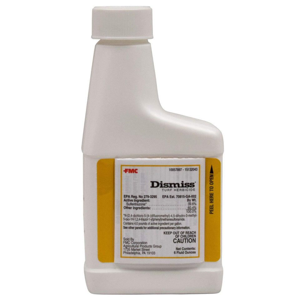 FMC Dismiss Turf herbicide packshot highlights fast sedge control and turf compatibility.