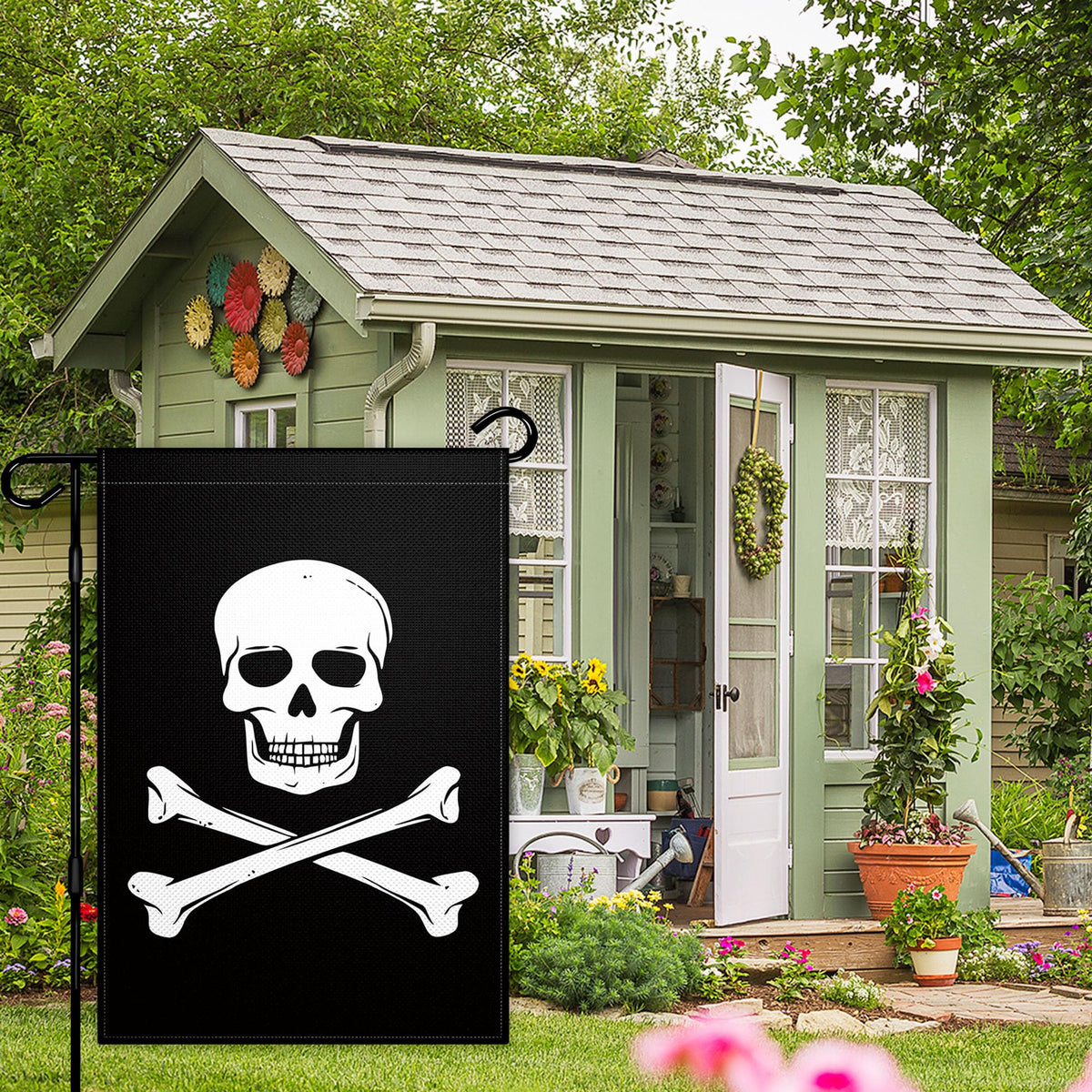 Fnaners pirate skull flag yard display for seasonal decoration