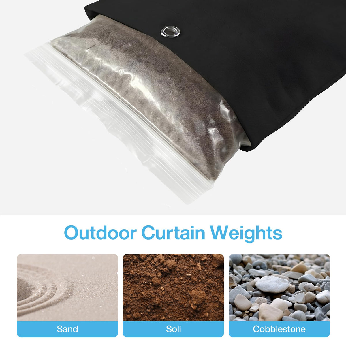 Fnova canvas curtain weights close-up shows durable fabric and secure fit.