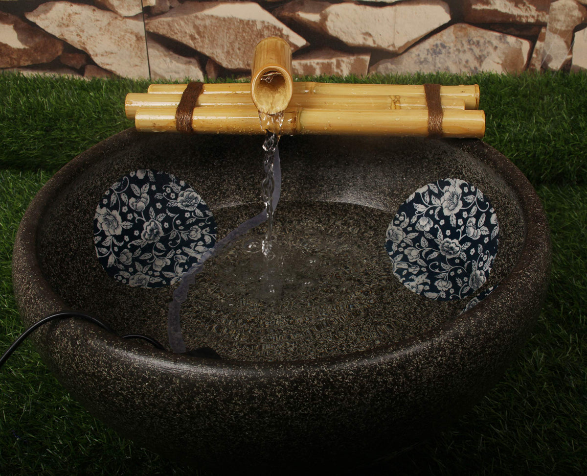 Foci Cozi bamboo water fountain with three-arm spouts for serene zen ambiance.