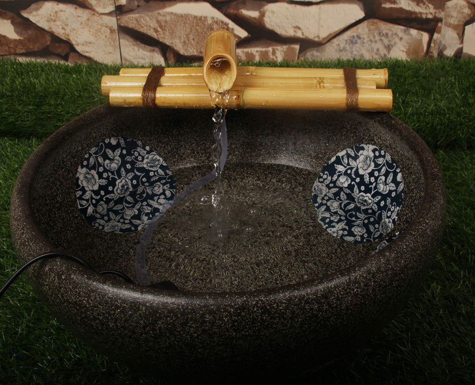 Foci Cozi bamboo water fountain with three-arm spouts for serene zen ambiance.