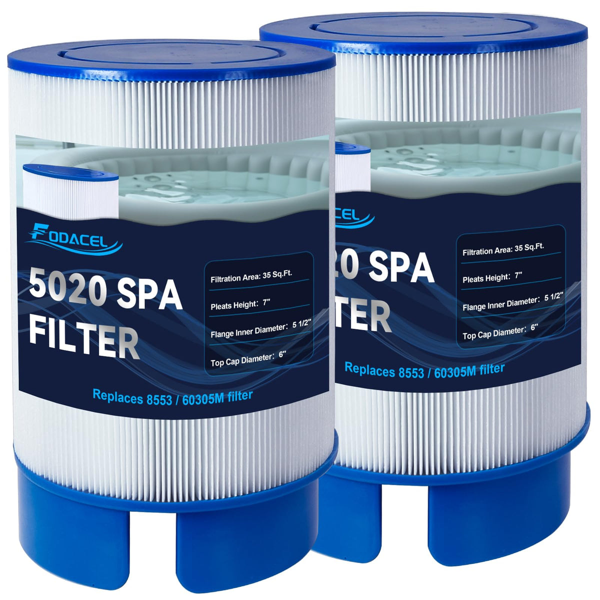 FODACEL 5020 spa filter close-up shows trilobal media for efficient impurity capture.