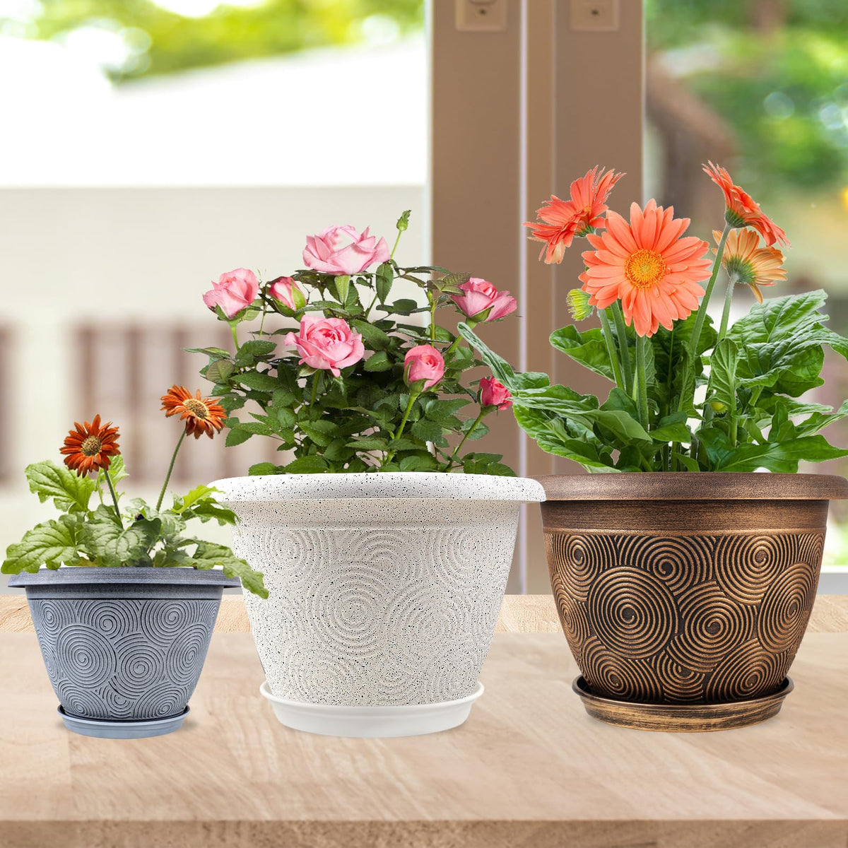 Fodetyff 12-inch planter with drainage holes and removable saucer protects surfaces.