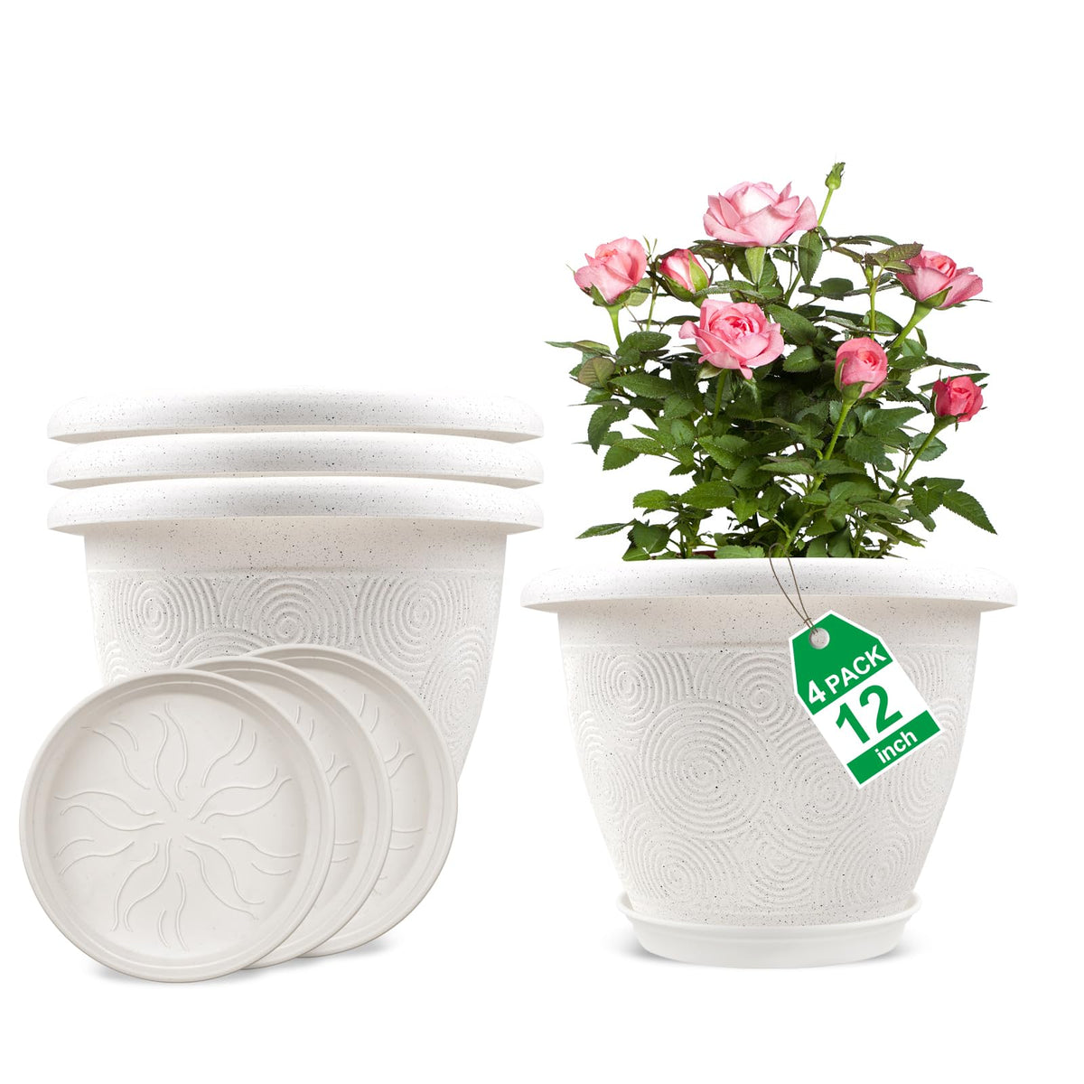 Fodetyff 12-inch white plant pot offers durable indoor outdoor use.