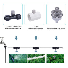 Fogland misting nozzle compatible with 3/16 inch fittings for flexible setup