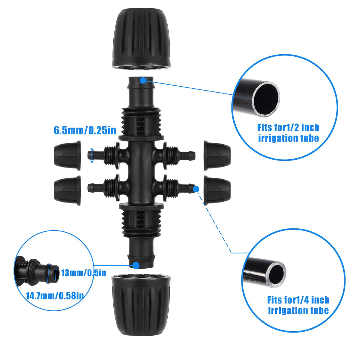 FOGWOWO 1/2in to 1/4in fitting installed on 16mm drip tube for precise irrigation.