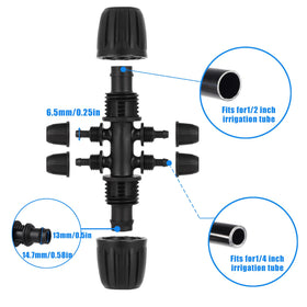 FOGWOWO 1/2in to 1/4in fitting installed on 16mm drip tube for precise irrigation.