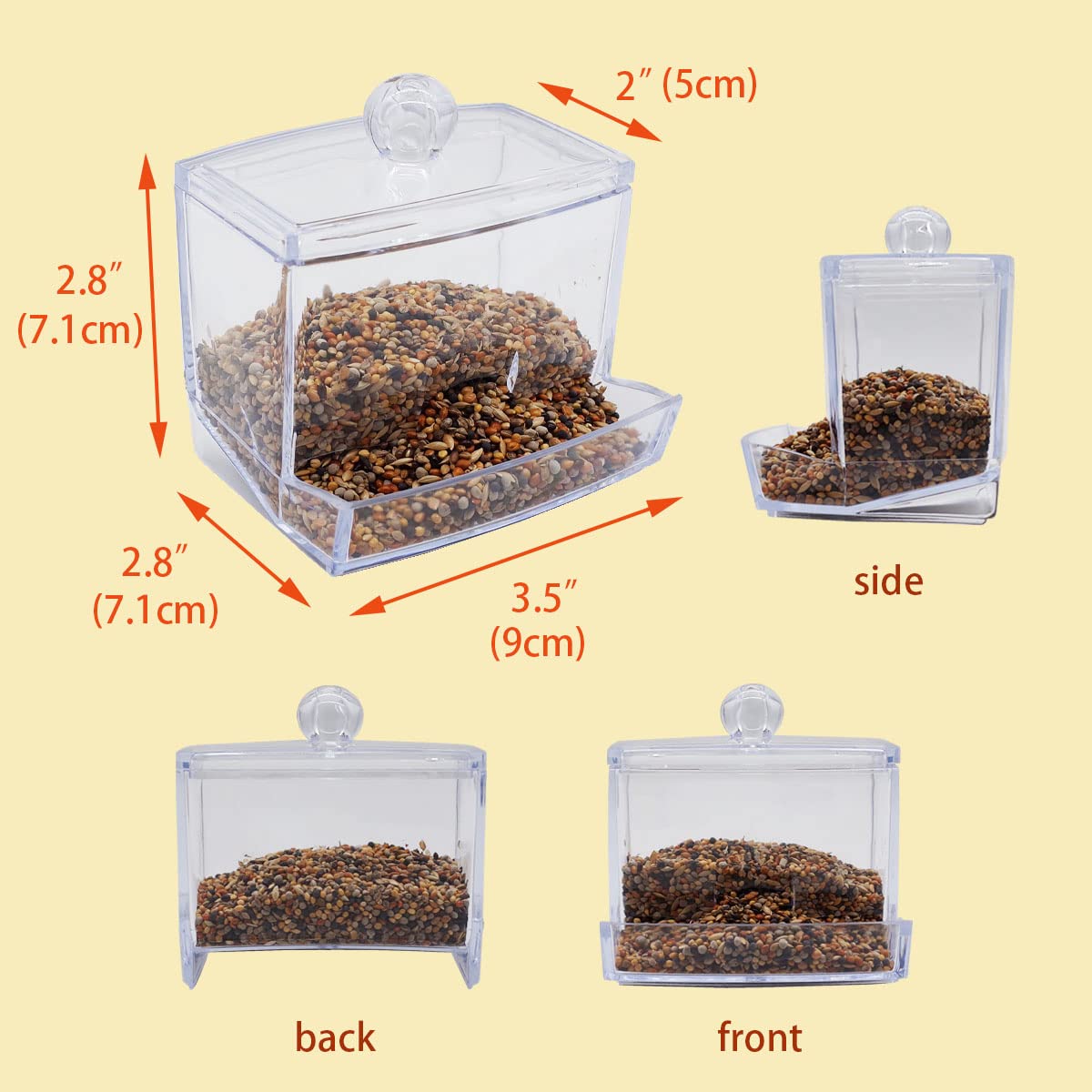 FOIBURELY Button Quail Feeder side view highlights smooth grain discharge
