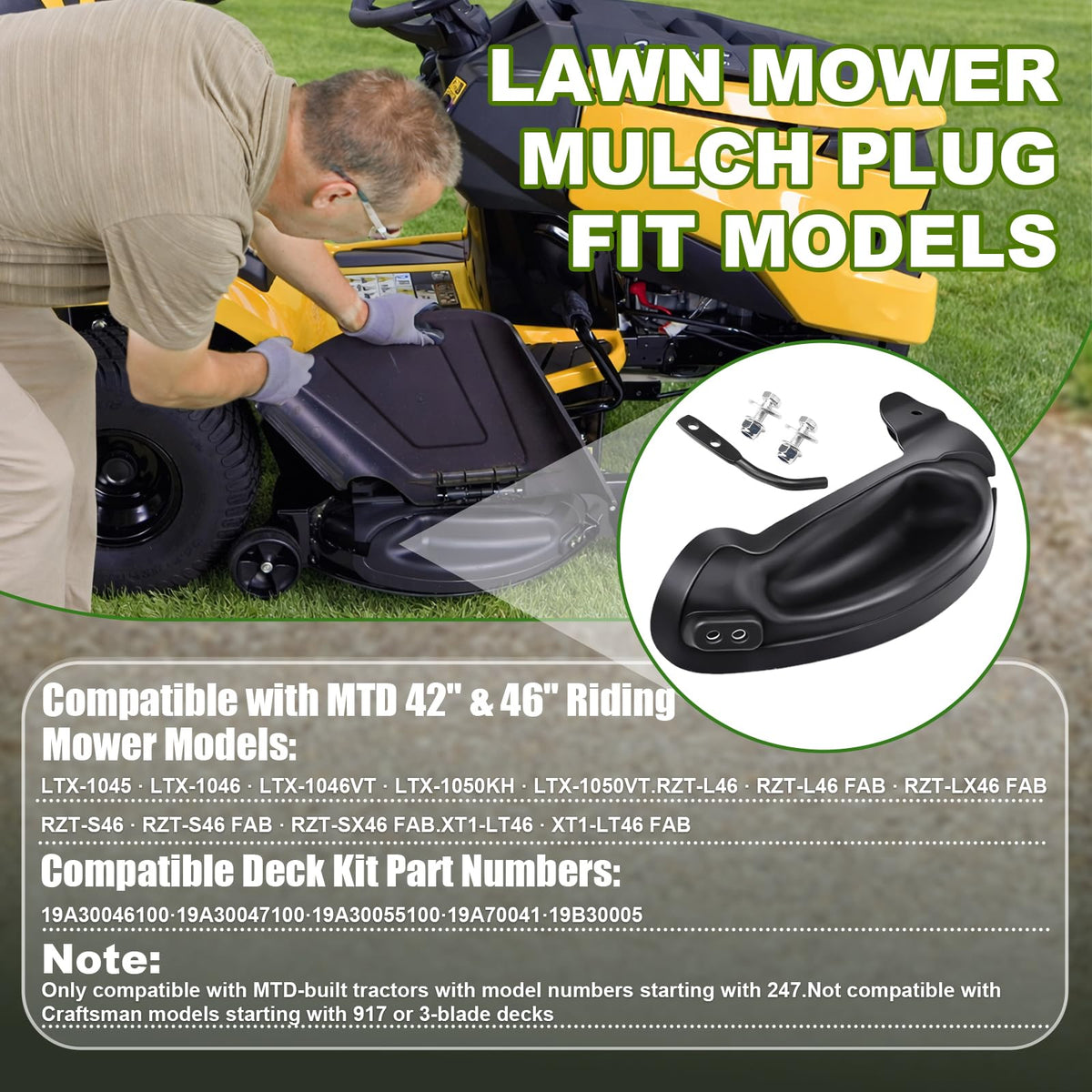 Foifatt under-seat label note clarifies deck compatibility for the mulch plug.
