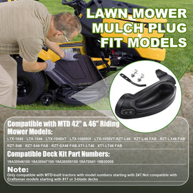 Foifatt under-seat label note clarifies deck compatibility for the mulch plug.
