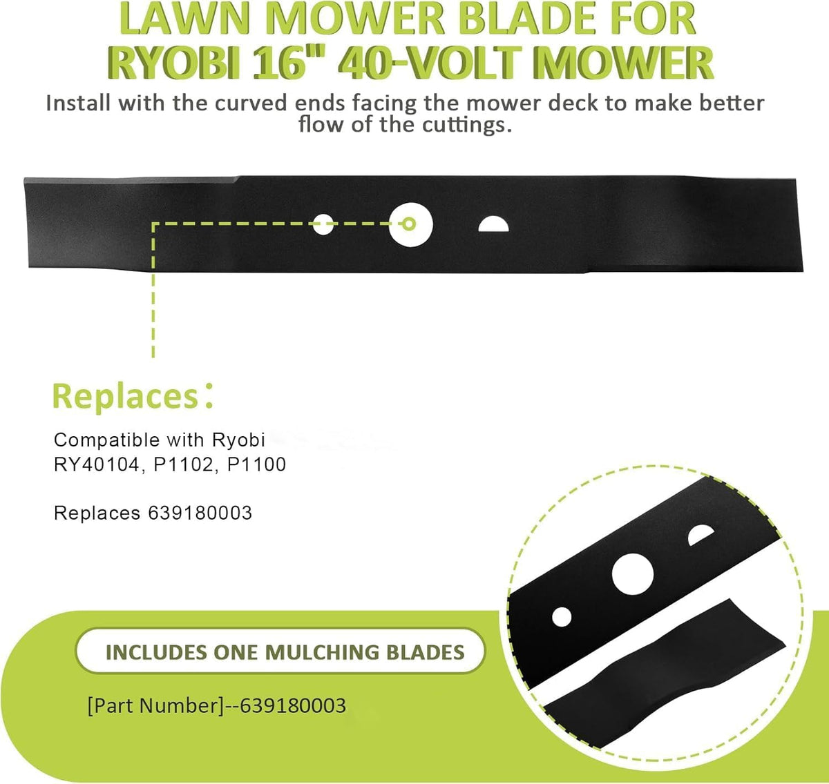 Foifatt 16in mulching blade for Ryobi boosts mowing versatility.