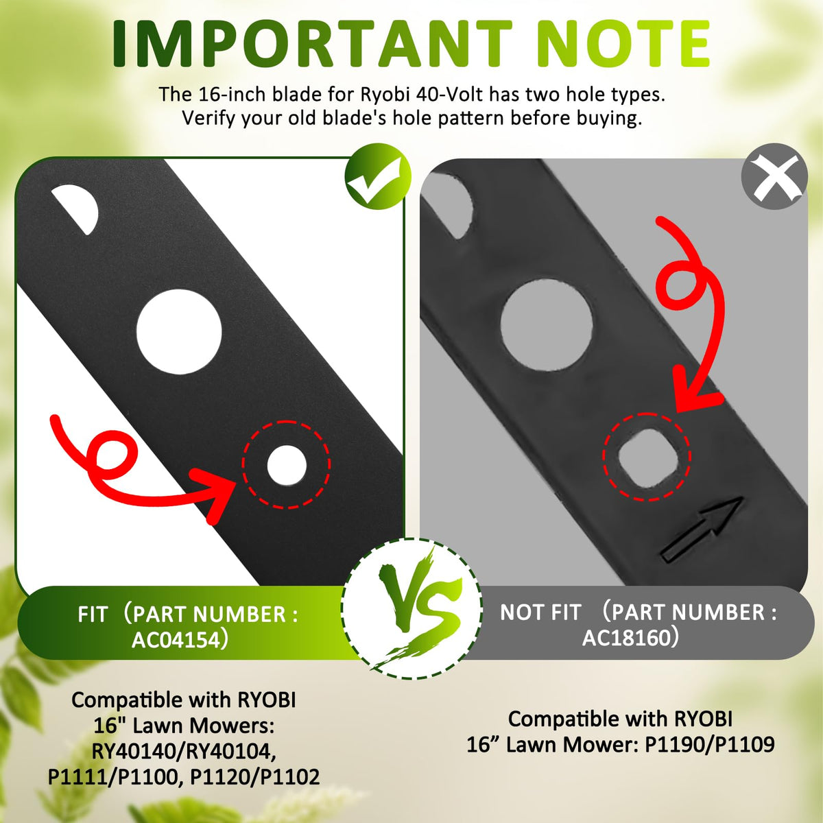 Foifatt Ryobi-compatible 16in blade for P1111/P1100 enables versatile mowing.