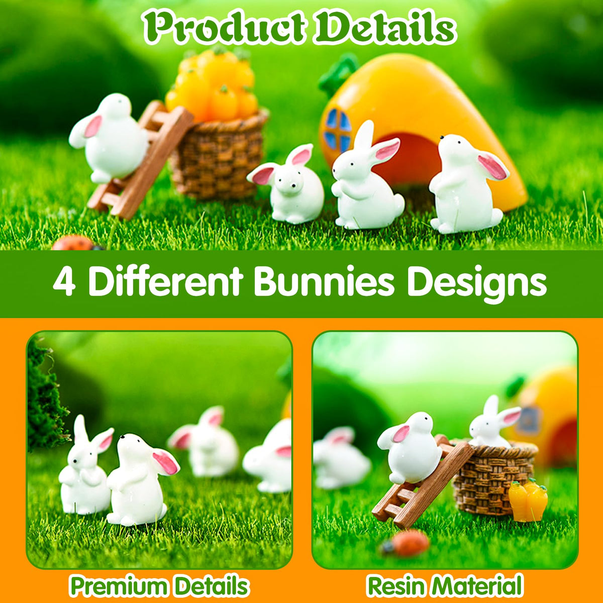 FOIMAS bunny figures four poses shown to create dynamic garden layouts