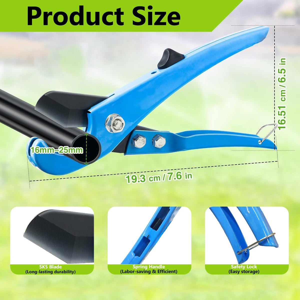 Foinco 2-in-1 hose cutter trims drip tubing cleanly.