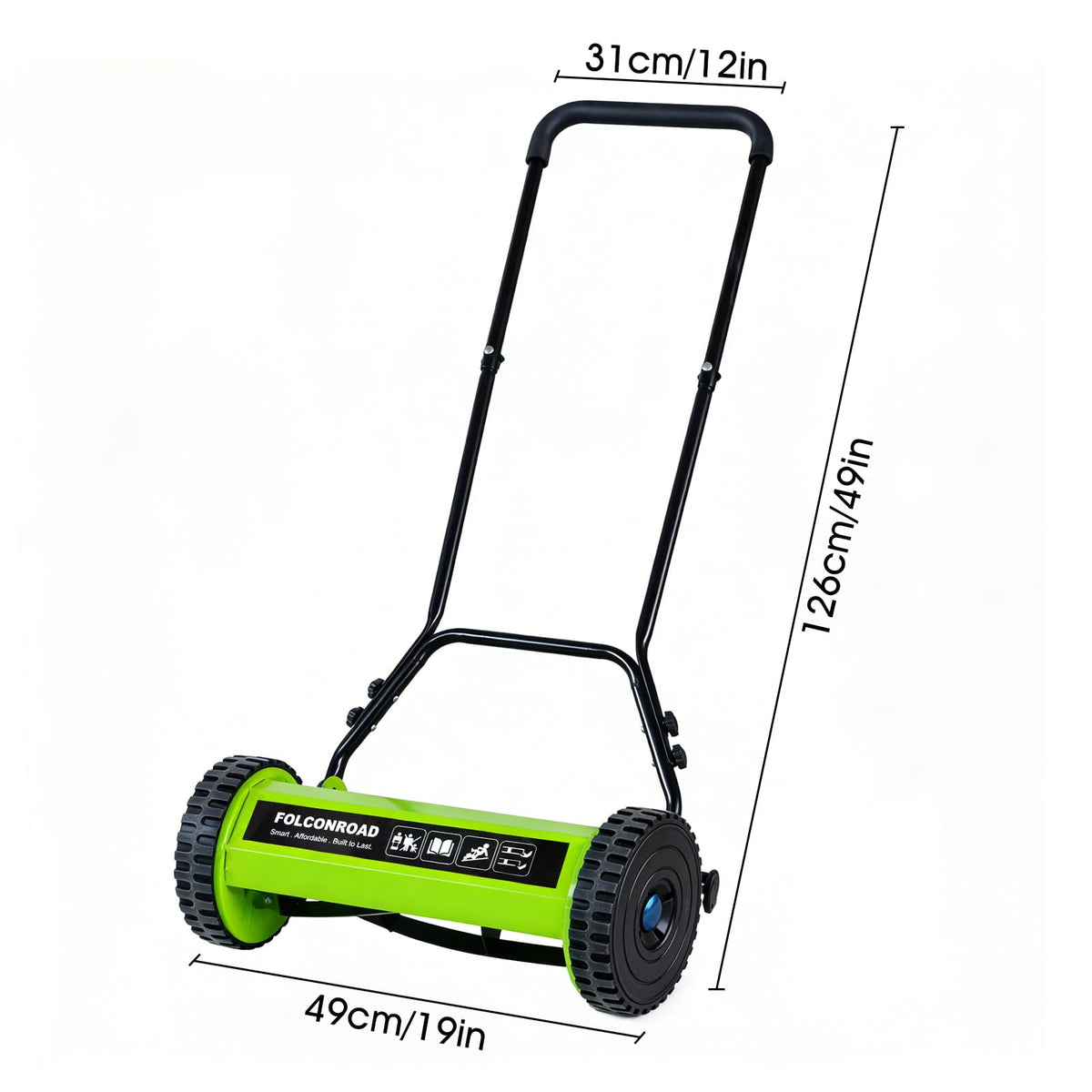 Folconroad walk-behind mower ideal for large yards and versatile grass types.
