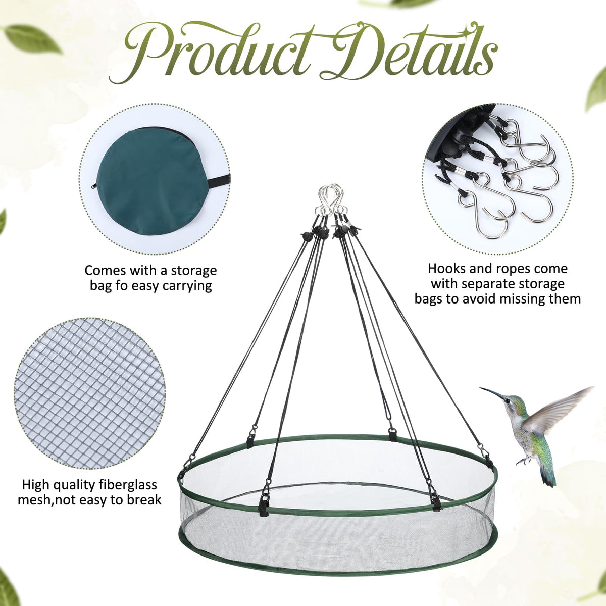 FoldTier outdoor seed catcher built with fiberglass mesh and steel wire for weather resistance.