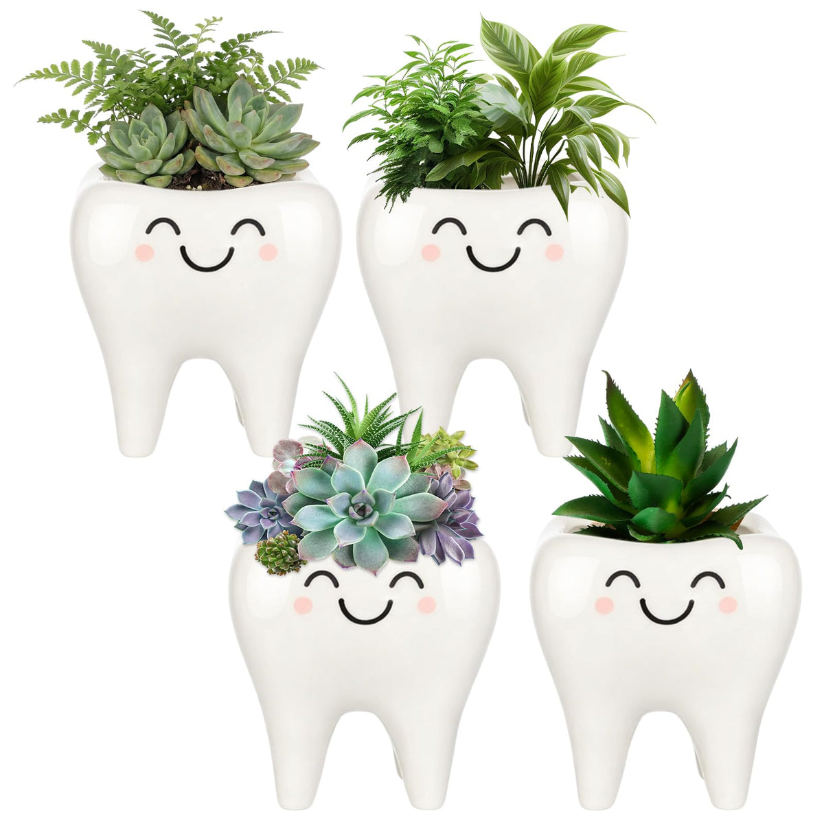 FoldTier tooth-shaped planter close-up showing glossy ceramic glaze for desk decor