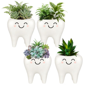 FoldTier tooth-shaped planter close-up showing glossy ceramic glaze for desk decor