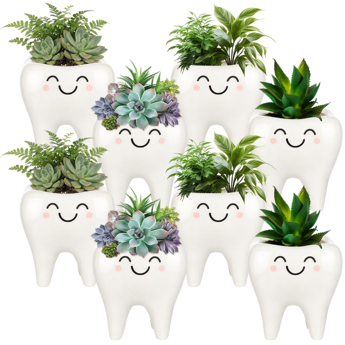 FoldTier tooth-shaped ceramic planter for succulents on desks and shelves.