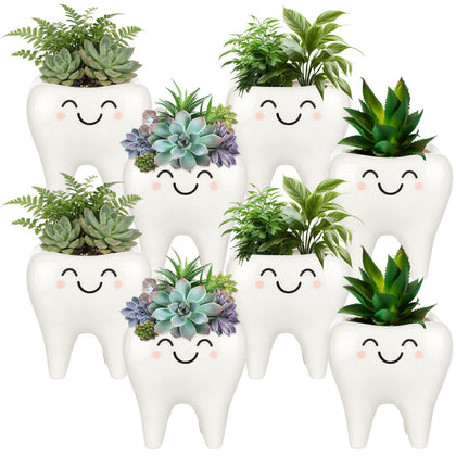 FoldTier tooth-shaped ceramic planter for succulents on desks and shelves.