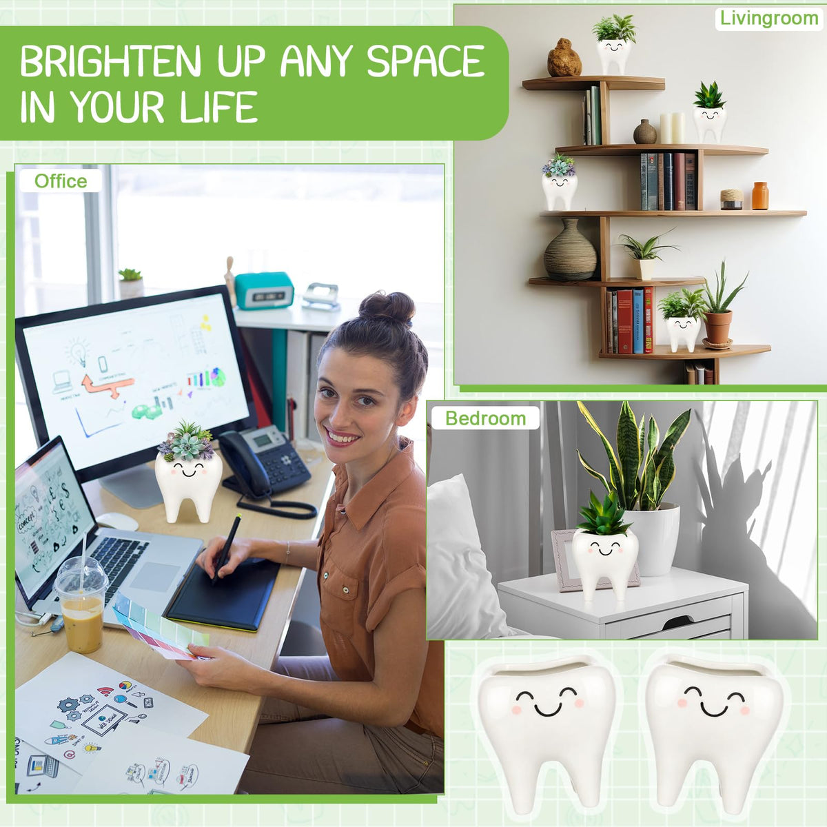 FoldTier white tooth planters brighten reception areas and workstations.
