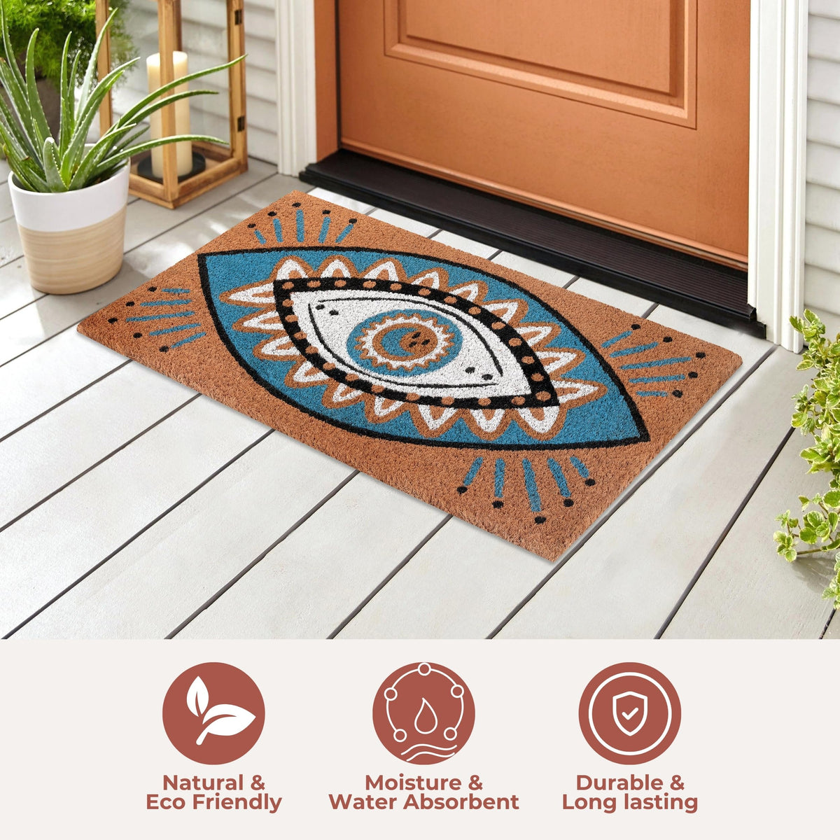 Folkulture eco-friendly coir doormat preserves floors by absorbing moisture near the doorway.