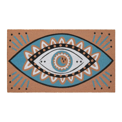 Folkulture Welcome Matt Outdoor with evil eye design enhances entryway curb appeal.