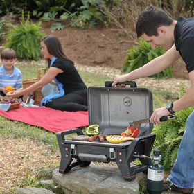 Folosem portable grill setup highlights versatile propane compatibility for outdoor cooking.