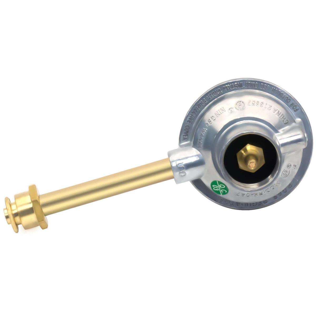 Folosem propane regulator shows inlet/outlet specs for proper fuel flow.