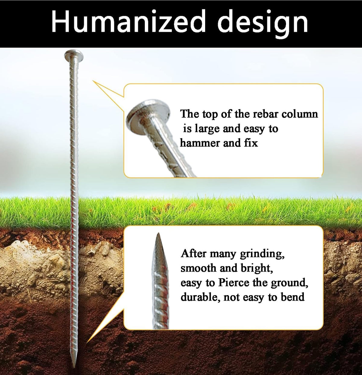 FOMMEN rebar stake with threaded ground anchor for strong soil grip.