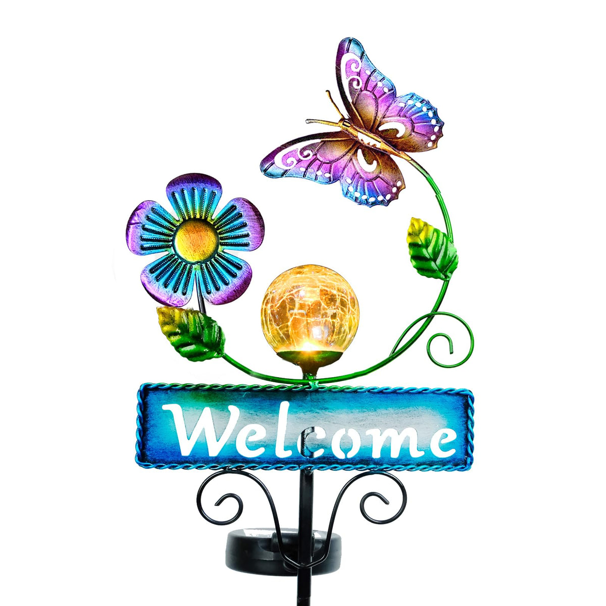 FOMOMDI butterfly welcome sign stake light illuminating outdoor path at dusk