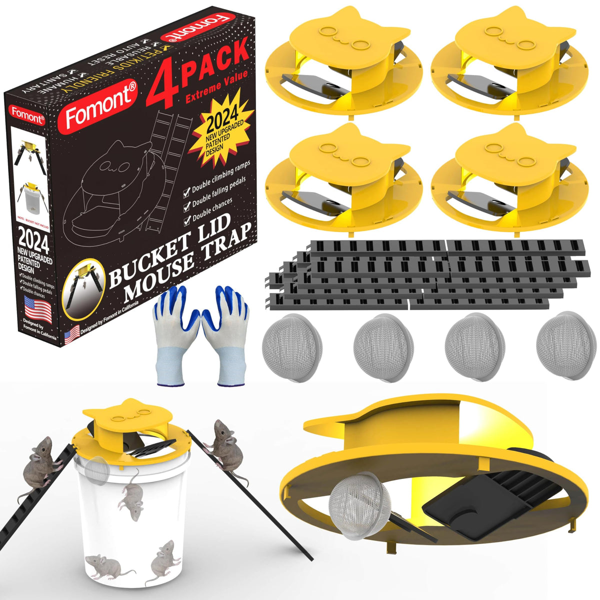 Fomont bucket lid mouse trap with metal bait cage for discreet, long-lasting use.
