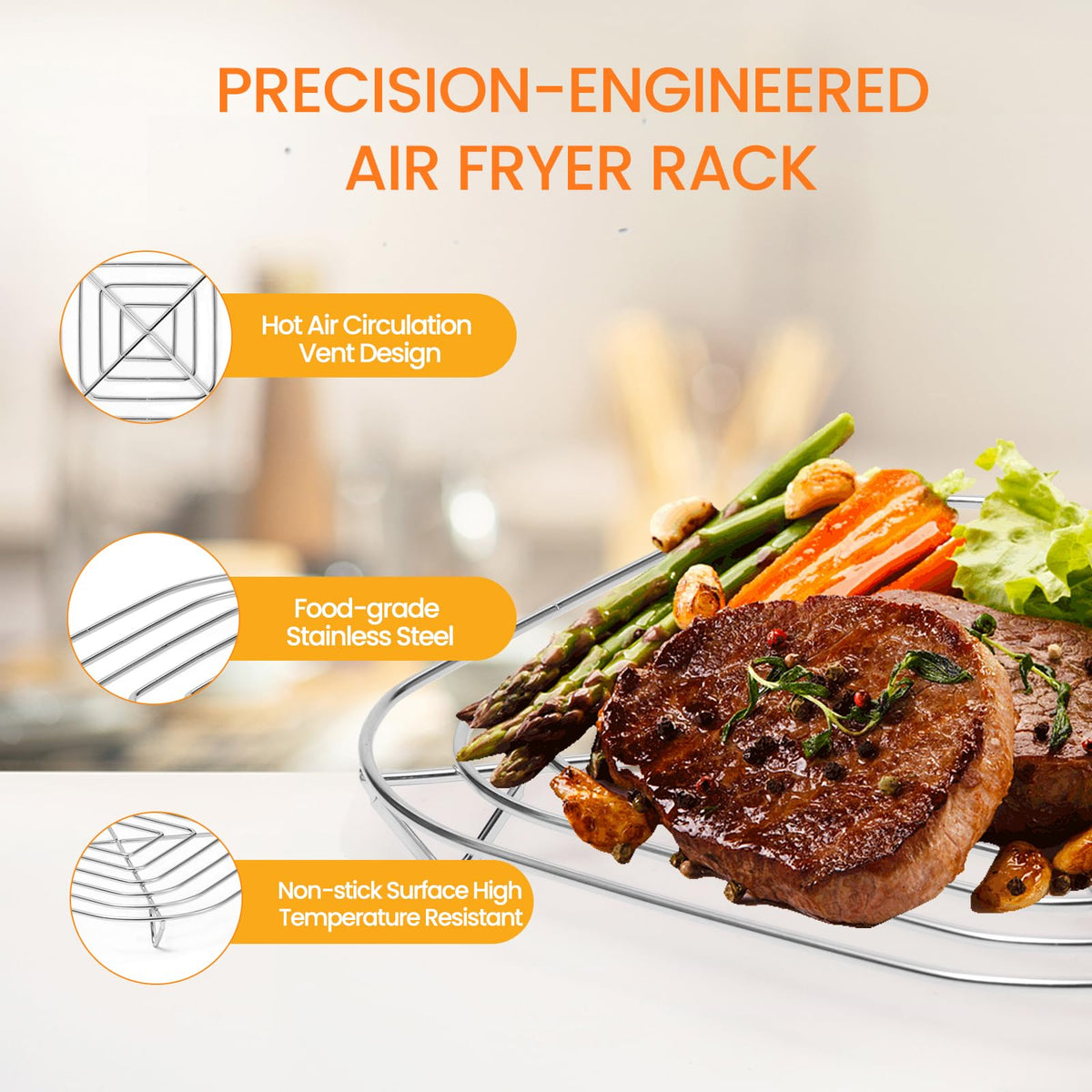 Fondpen stainless steel rack in use during air frying for uniform cooking